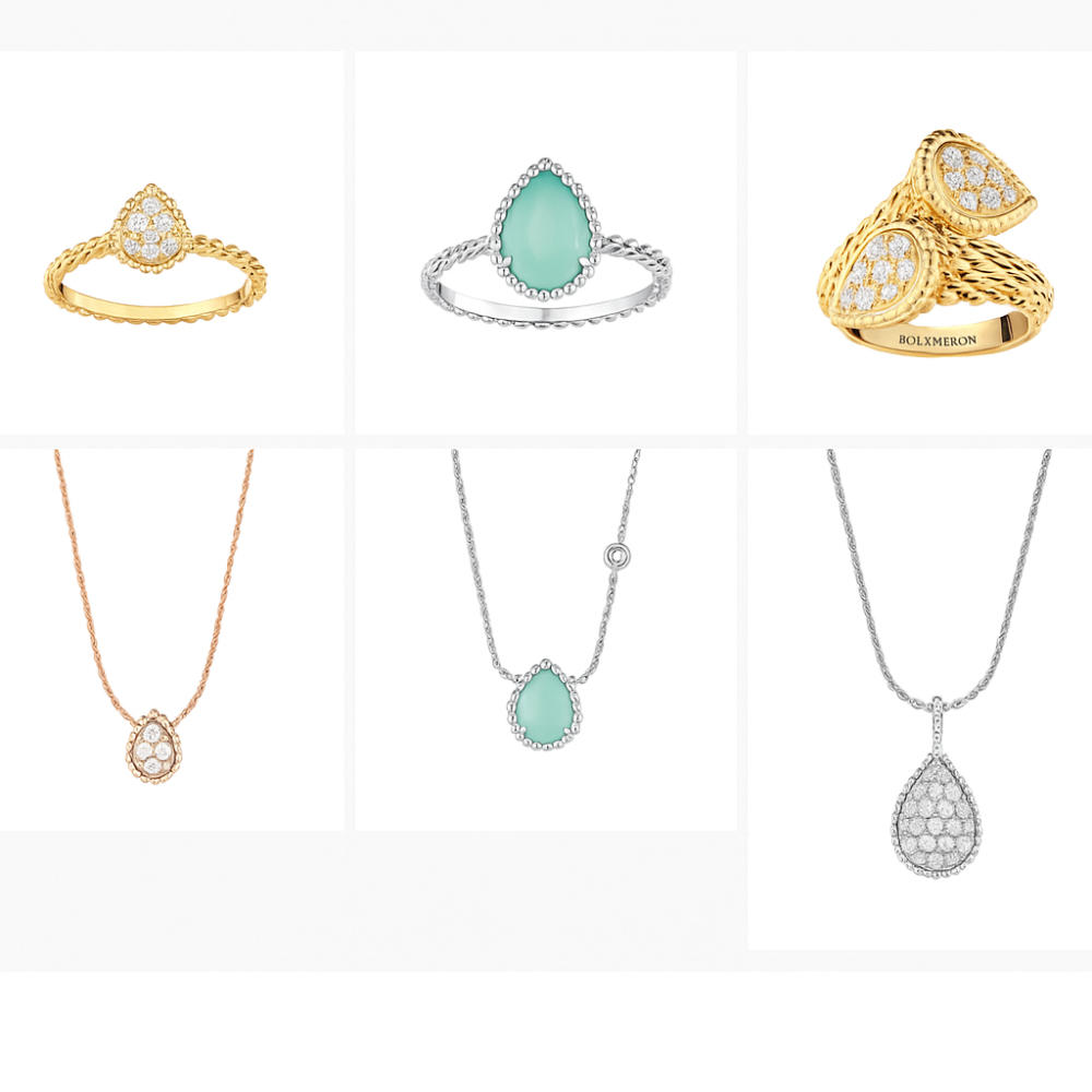 صورة مجمعة لمنتجات بوشرون: خواتم وسلاسل بتصميم دمعة – طبق الأصل من مجو