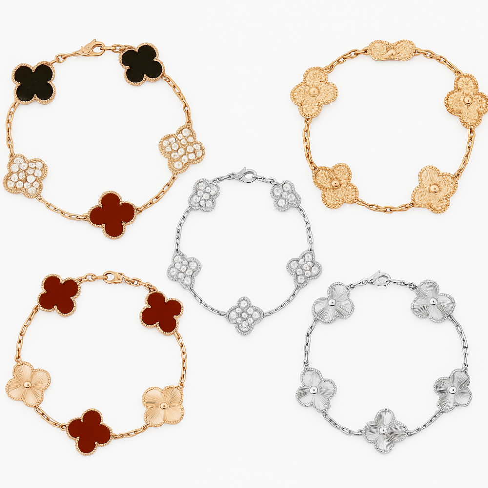 صورة مجمعة لأساور فان كلييف الراقية من خمس وردات بتصميمات متنوعة