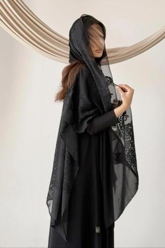 A85-عباية سوداء بشال شيفون فرنسي