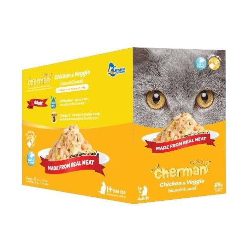 كارتون شيرمان اكل قطط رطب دجاج وخضار في الجيلي للقطط البالغة 12 ظرف