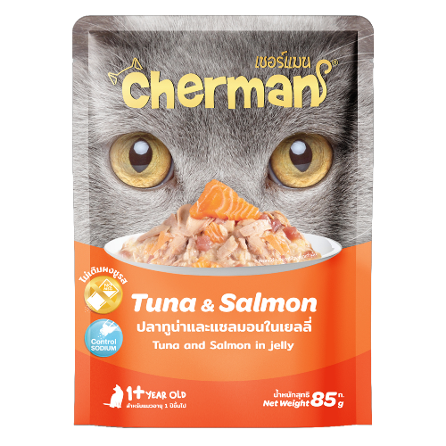 ظرف شيرمان تونه مع السالمون في الجيلي 85جرام لقطط الكبيرة