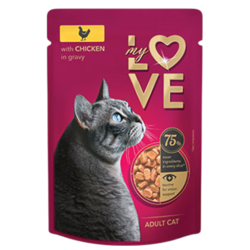 ظرف ماي لوف دجاج في المرق 85 جرام للقطط البالغة