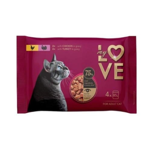 ظرف My Love طعام رطب للقطط البالغه بالدجاج واللحم في المرق 4*85 جرام