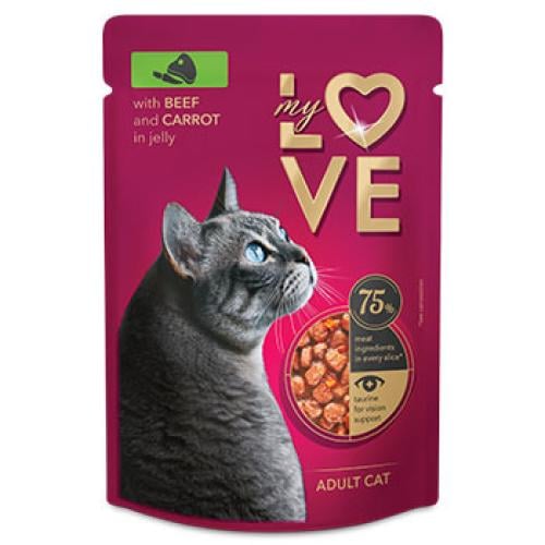 ظرف ماي لوف لحم مع الجزر في الجيلي 85 جرام للقطط البالغة