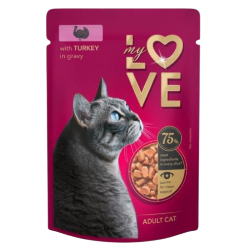 ظرف ماي لوف الديك الرومي في المرق 85 جرام للقطط البالغة