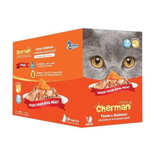 كارتون شيرمان اكل قطط رطب تونة وسلمون في الجيلي للقطط البالغة 12 ظرف