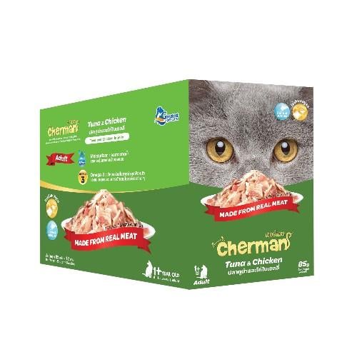 كارتون شيرمان اكل قطط رطب تونة ودجاج في الجيلي للقطط البالغة 12ظرف