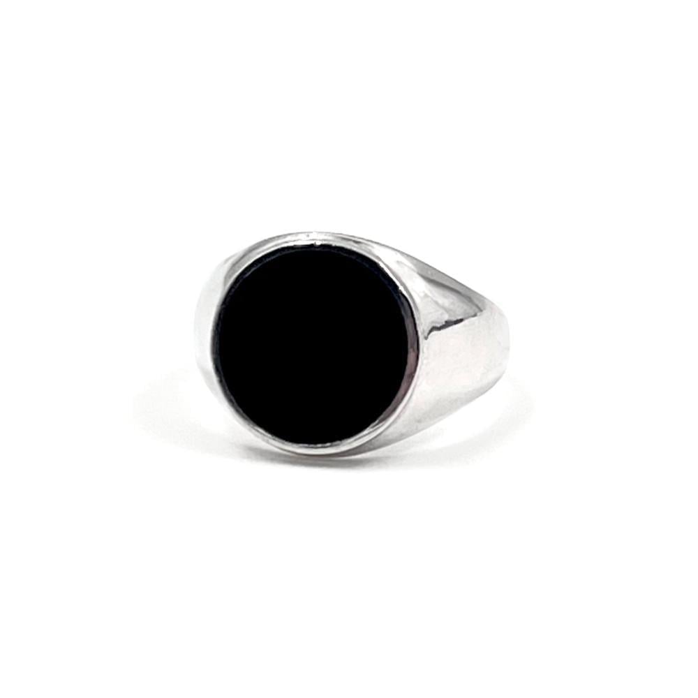 خاتم فضة رجالي بواجهة دائرية حجر أونيكس أسود