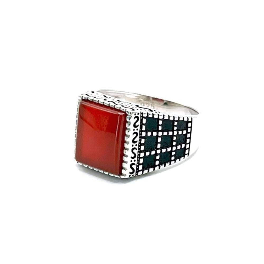 خاتم فضة رجالي 925 بحجر عقيق كبدي بتصميم أنيق