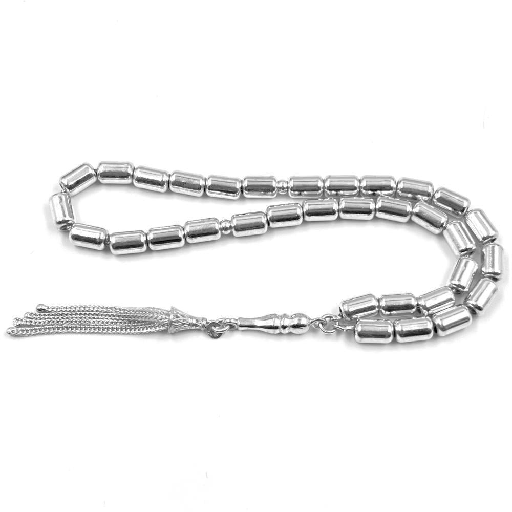 سبحة برميلي فضة 925 — 33 خرزة بتصميم أسطواني