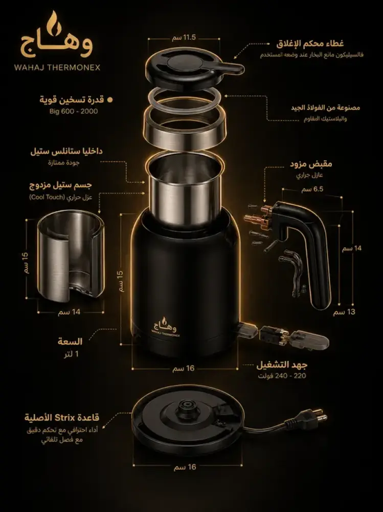 خلفية المنتج - غلاية وهاج 1200w بسعة 1.6 لتر بـ قاعدة strix الأصلية