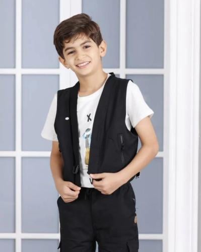 تيشيرت ابيض اطفال مع سديري اسود 2908