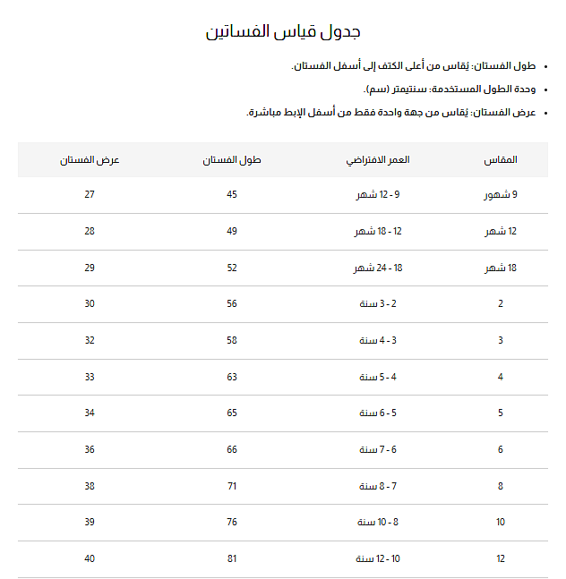جدول المقاسات - فستان اليوم الوطني 96 بناتي فاخر بجزء علوي أبيض