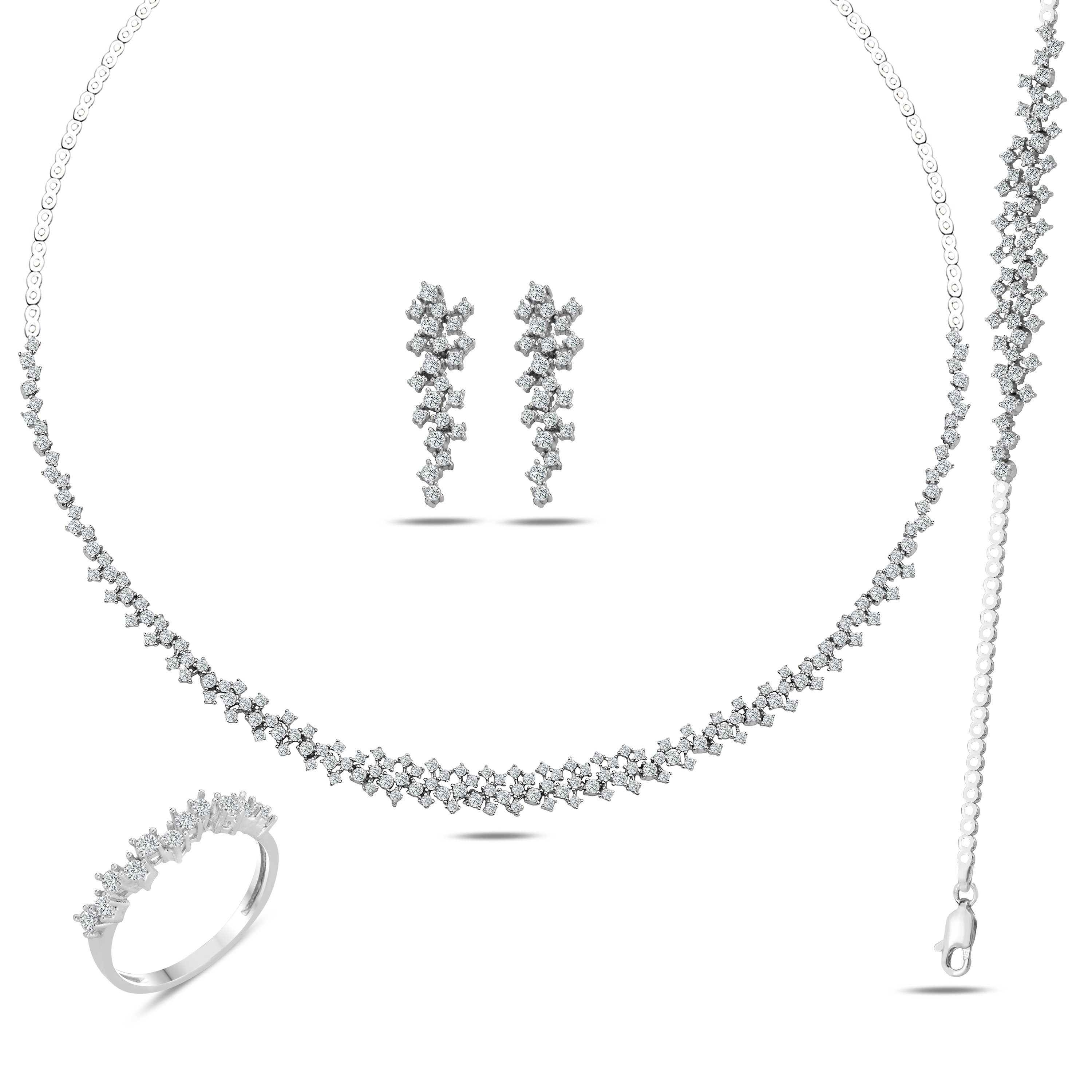 طقم من الفضة الخالصة عيار 925 مطلي روديوم مرصع فص ابيض