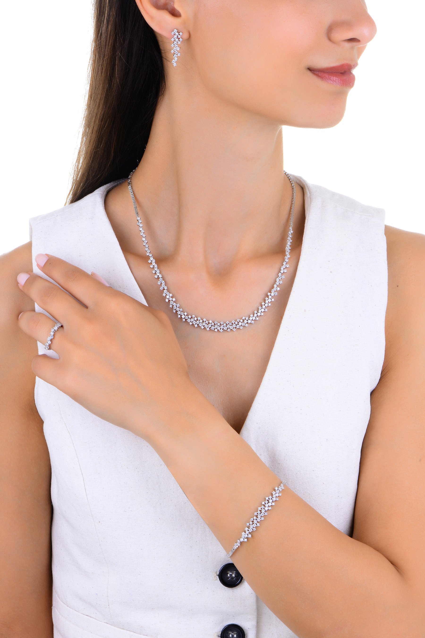 طقم من الفضة الخالصة عيار 925 مطلي روديوم مرصع فص ابيض