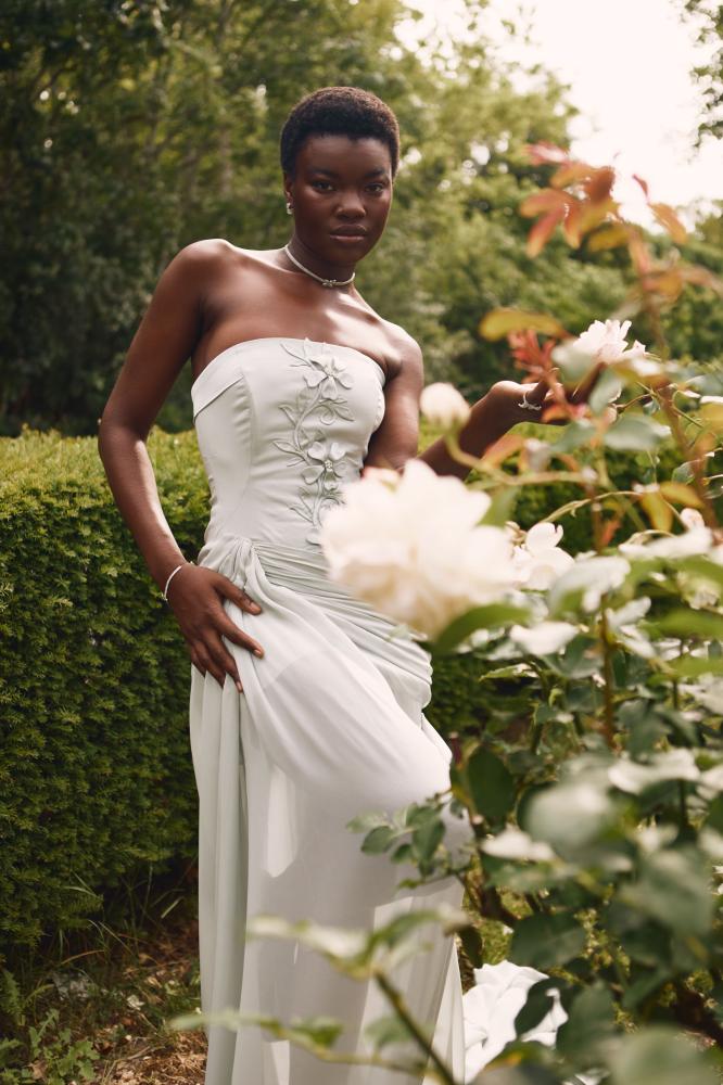 stretch taffeta cocktail dress Tiffany French gown featuring a strapless bodice, handcrafted floral appliqué detailing, and an asymmetrically draped silhouette with Msglamor Color:Blackberry* MAY24MD Meshki, Eva Hand Beaded With a sweetheart neckline