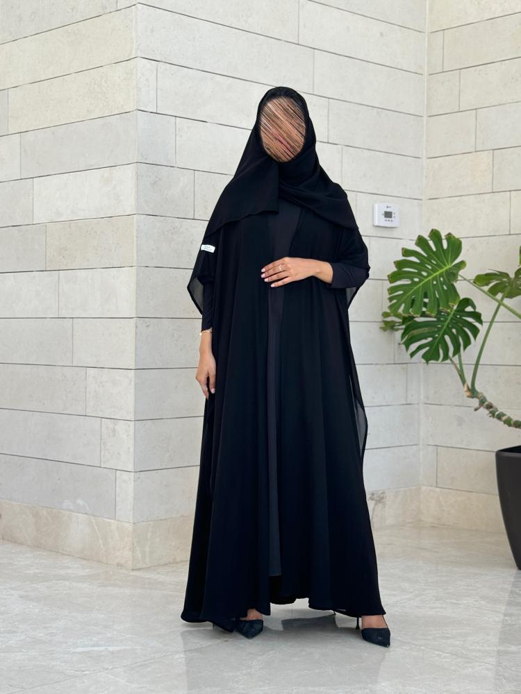 عباية C46 كريب ملكي مع تدخيل شيفون مع كم ستريتش نص كلوش