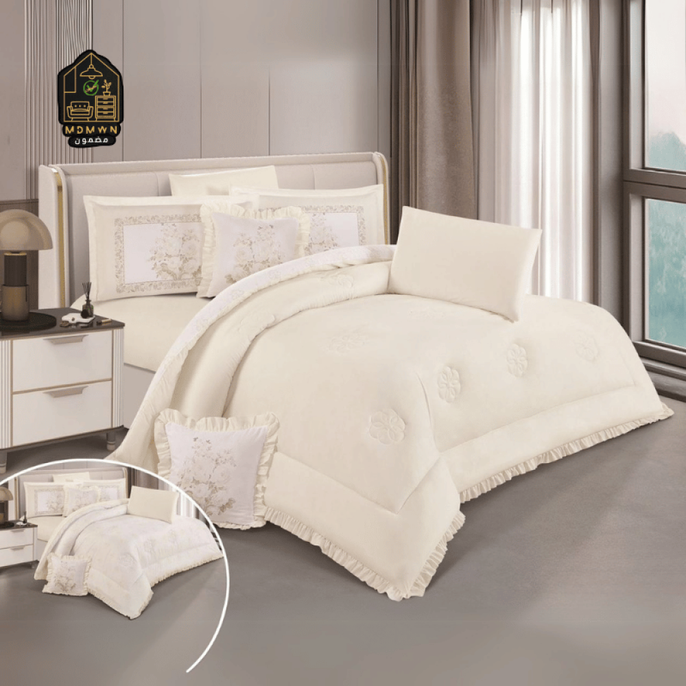 لحاف منفوخ ريمي مايكروفايبر وجهين بتفاصيل كشكش وطباعه ديجتال نفرين 8 قطع