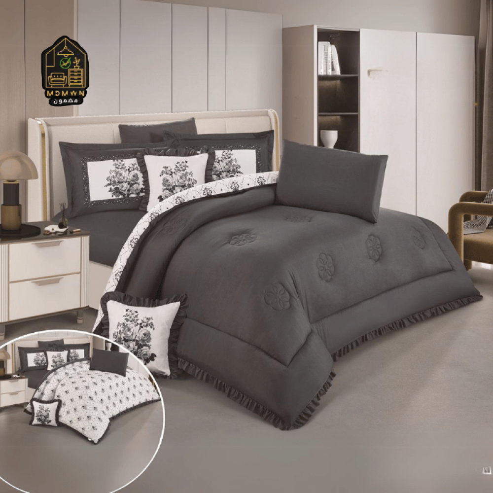 لحاف منفوخ ريمي مايكروفايبر وجهين بتفاصيل كشكش وطباعه ديجتال نفرين 8 قطع