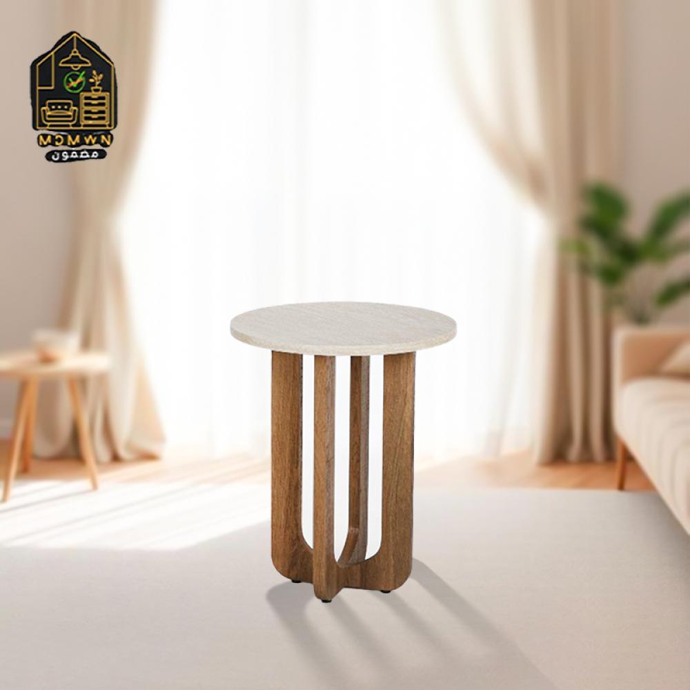 طاولة جانبية دائرية بسطح رخامي وأرجل حديدية باللون الأسود