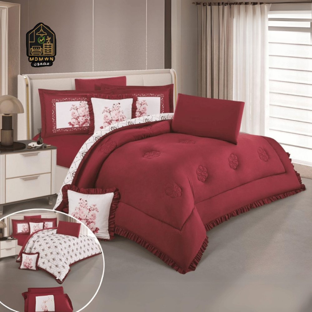 لحاف منفوخ ريمي مايكروفايبر وجهين بتفاصيل كشكش وطباعه ديجتال نفرين 8 قطع