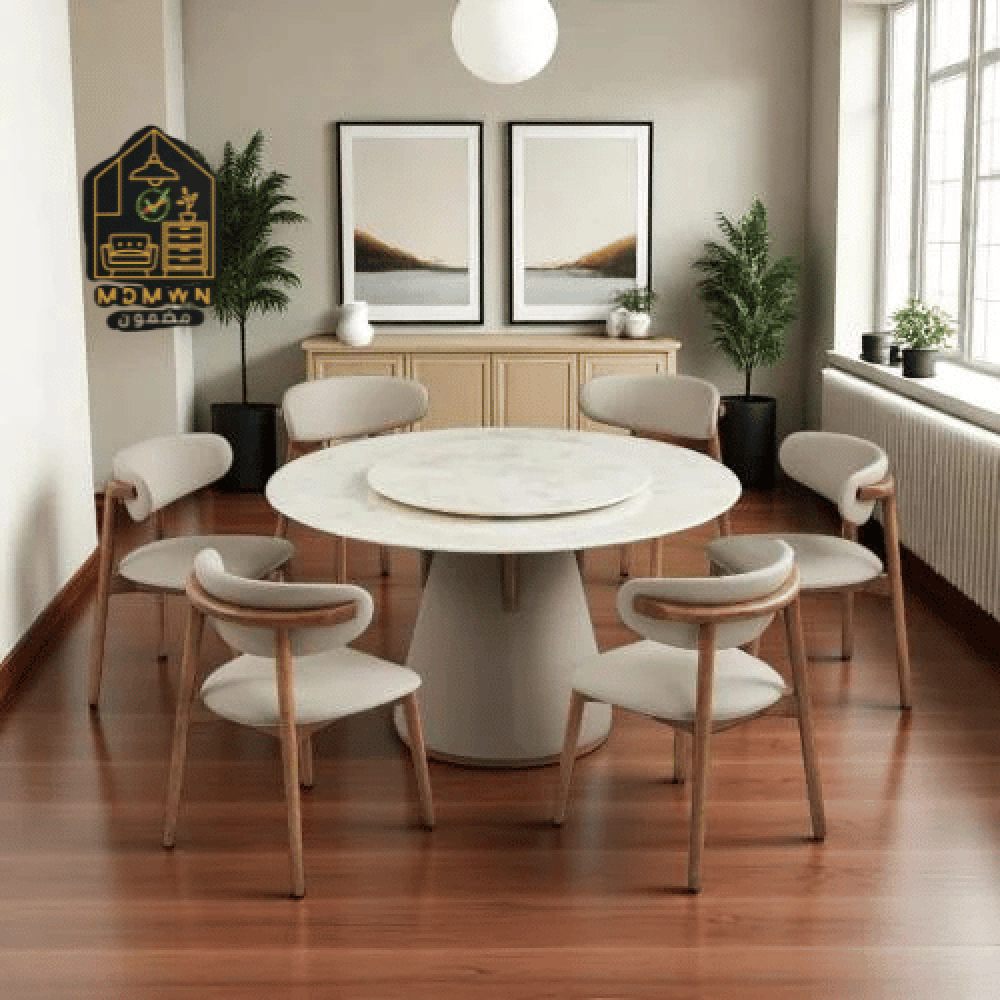 Round marble dining table with chairs, 135 cm ام دي ام دبليو
