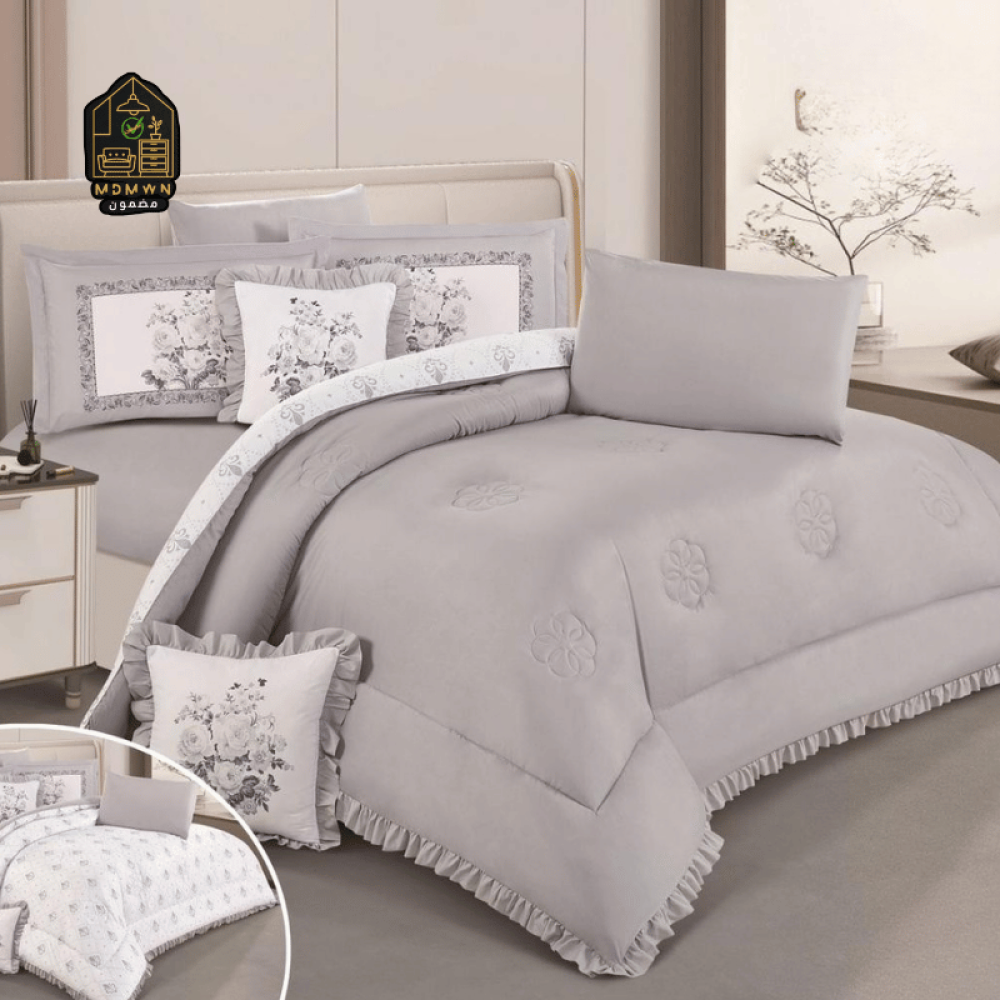 لحاف منفوخ ريمي مايكروفايبر وجهين بتفاصيل كشكش وطباعه ديجتال نفرين 8 قطع