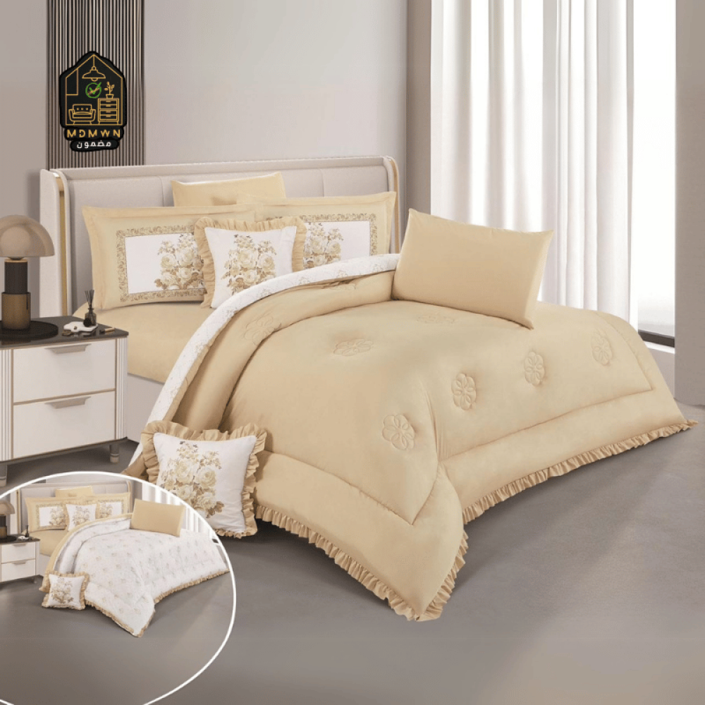 لحاف منفوخ ريمي مايكروفايبر وجهين بتفاصيل كشكش وطباعه ديجتال نفرين 8 قطع