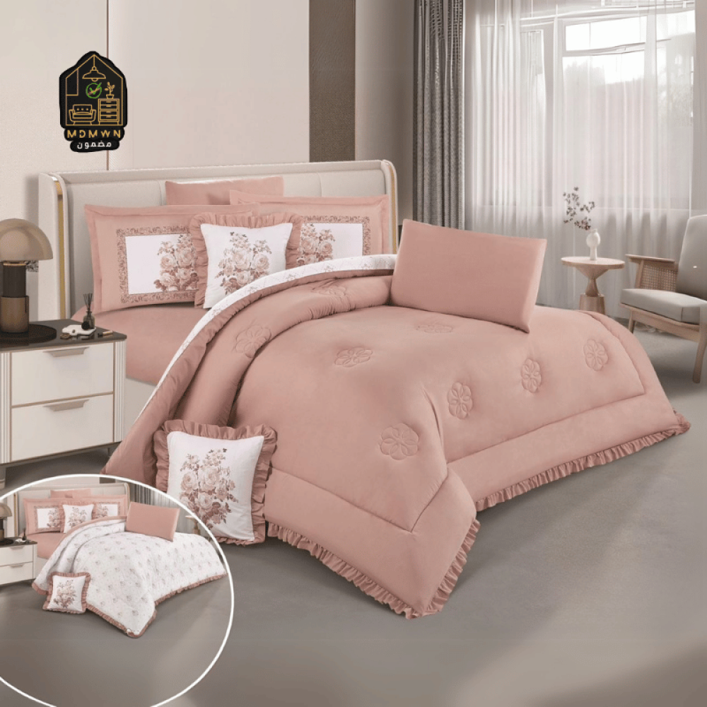 لحاف منفوخ ريمي مايكروفايبر وجهين بتفاصيل كشكش وطباعه ديجتال نفرين 8 قطع