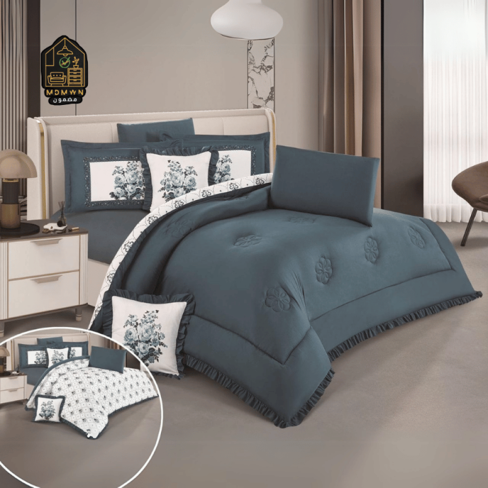 لحاف منفوخ ريمي مايكروفايبر وجهين بتفاصيل كشكش وطباعه ديجتال نفرين 8 قطع