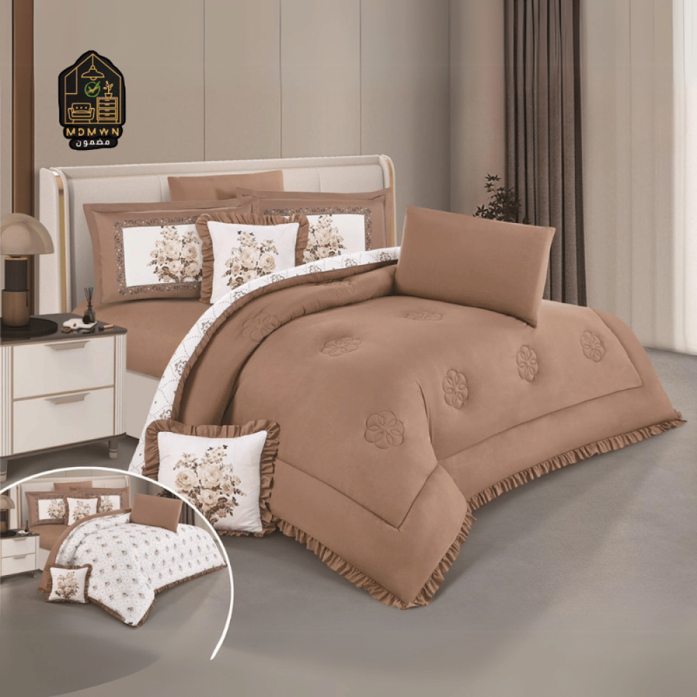 لحاف منفوخ ريمي مايكروفايبر وجهين بتفاصيل كشكش وطباعه ديجتال نفرين 8 قطع