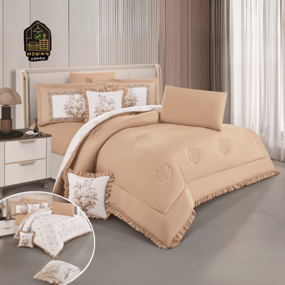 لحاف منفوخ ريمي مايكروفايبر وجهين بتفاصيل كشكش وطباعه ديجتال نفرين 8 قطع