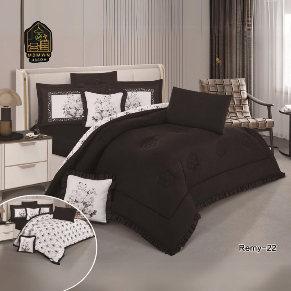 لحاف منفوخ ريمي مايكروفايبر وجهين بتفاصيل كشكش وطباعه ديجتال نفرين 8 قطع