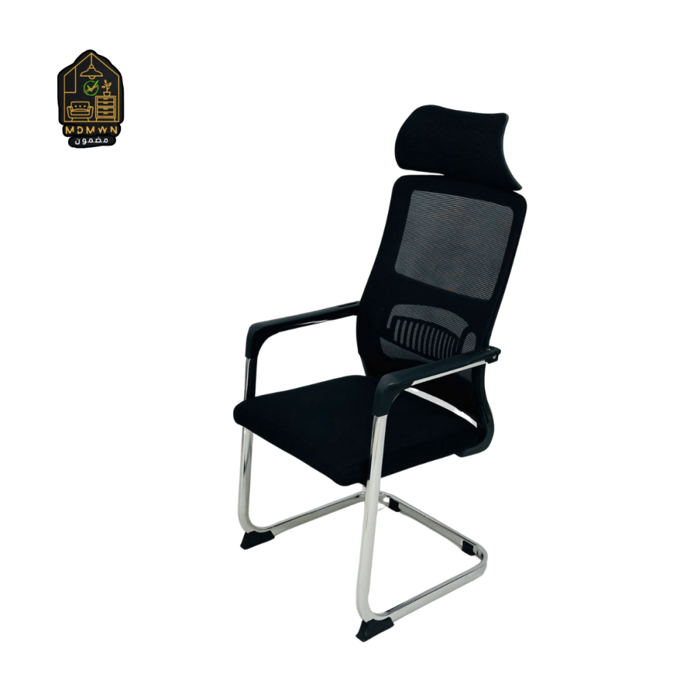 Fixed office chair in mesh fabric with a high back and headrest