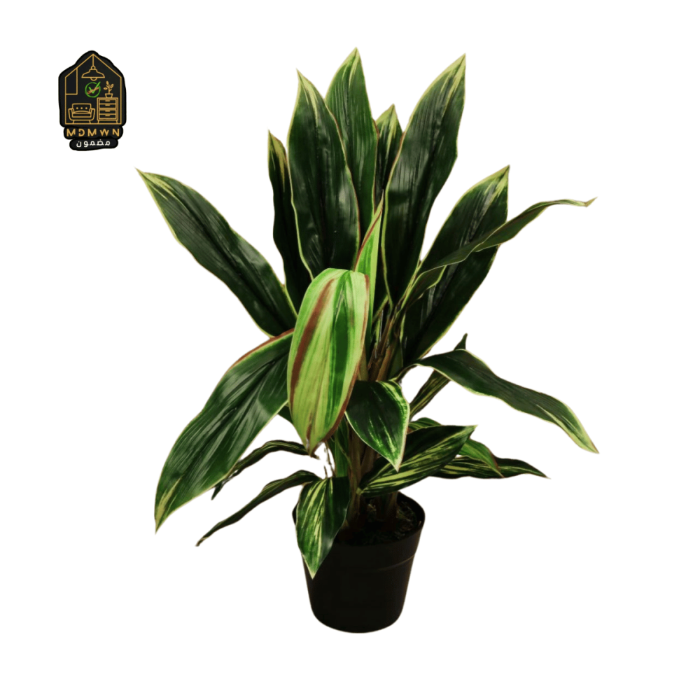 Artificial potted plant with green leaves and pink accents - elegant design in a black pot