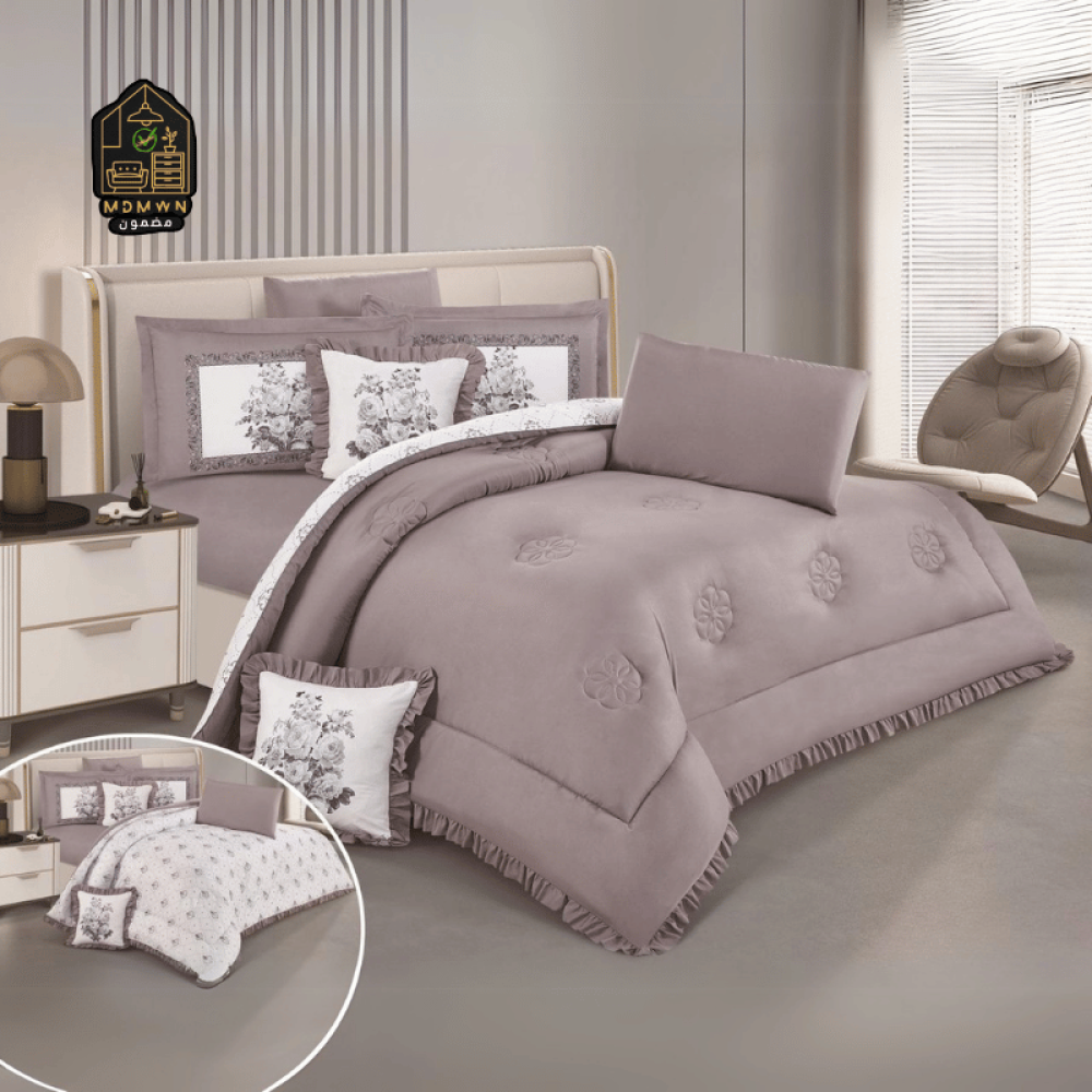 لحاف منفوخ ريمي مايكروفايبر وجهين بتفاصيل كشكش وطباعه ديجتال نفرين 8 قطع