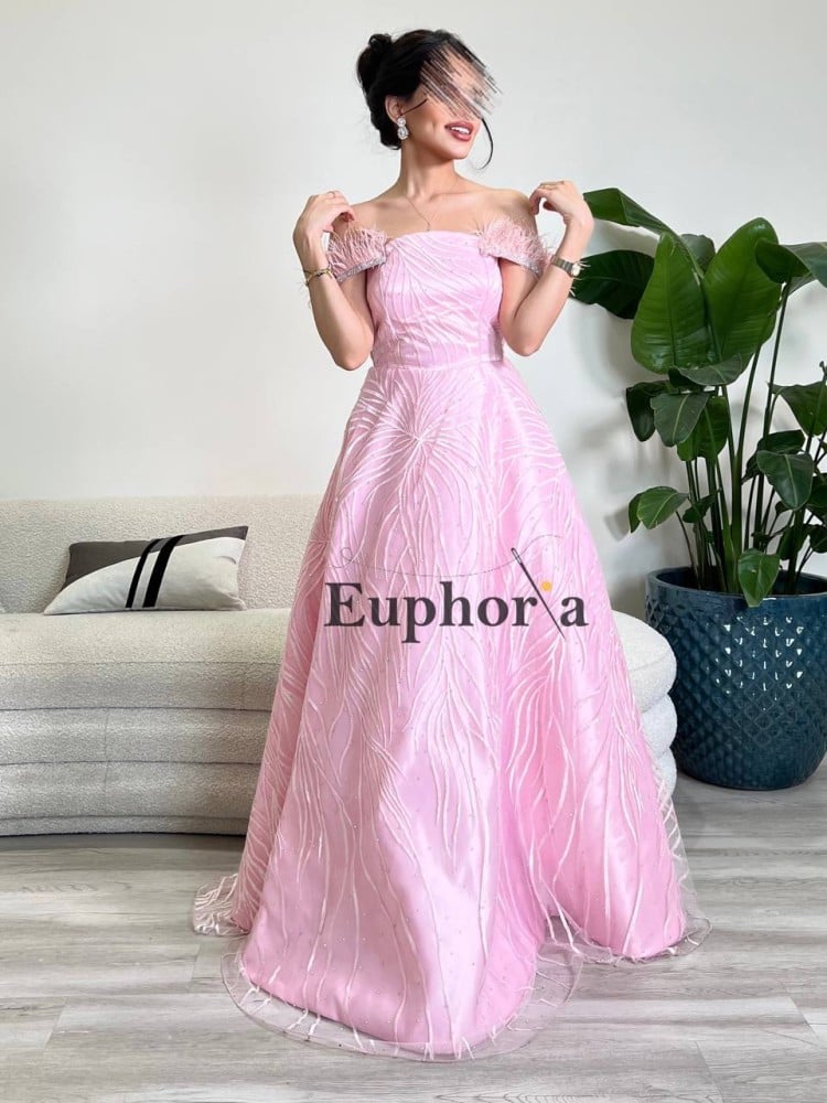 فستان عرايسي زهر مع شك و كتف منسدل