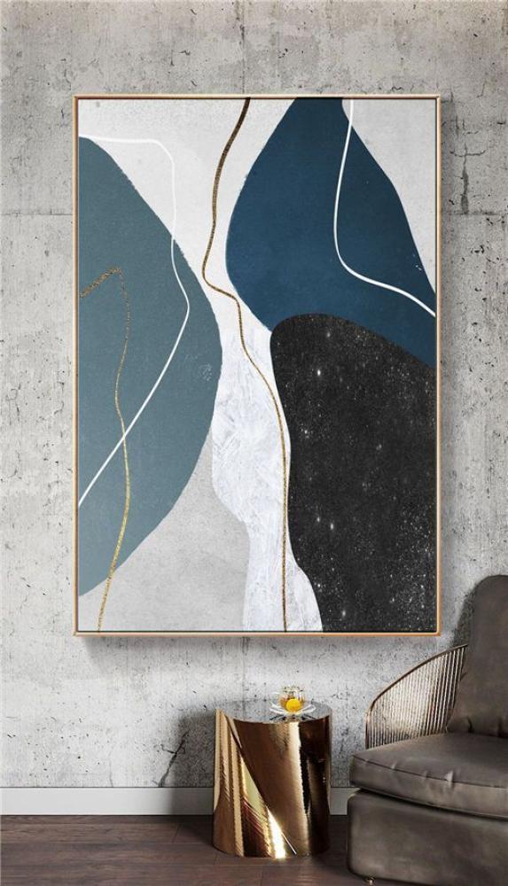 لوحة تجريدية راقية بتدرجات الرمادي والأزرق الداكن، تجمع بين الانسيابية والجرأة بتصميم مستوحى من الفن الحديث مطبوعة على قماش الكانفس موديل (3036)