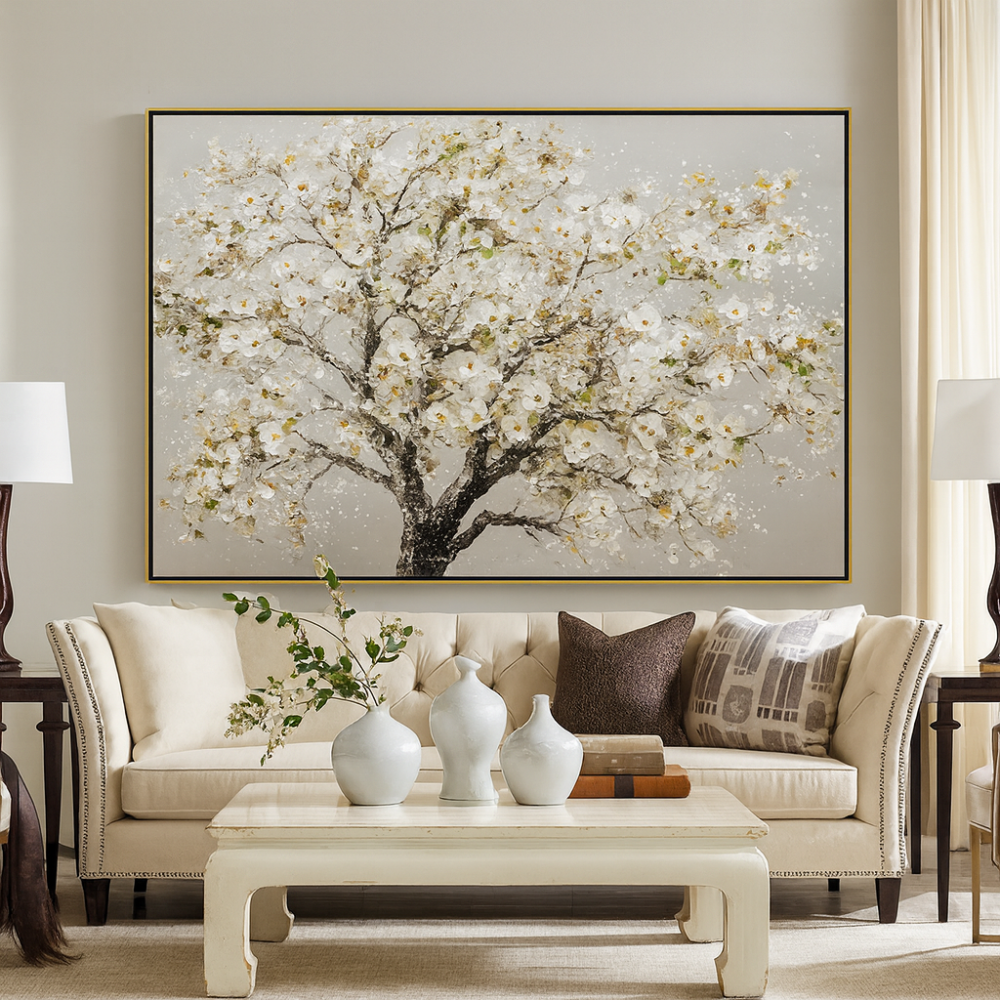 لوحة فنية راقية تجسد شجرة مزهرة بتفاصيل ثلاثية الأبعاد، تعكس توازن الطبيعة وسحر الألوان الهادئة مطبوعة على الكانفس موديل ( 3141)