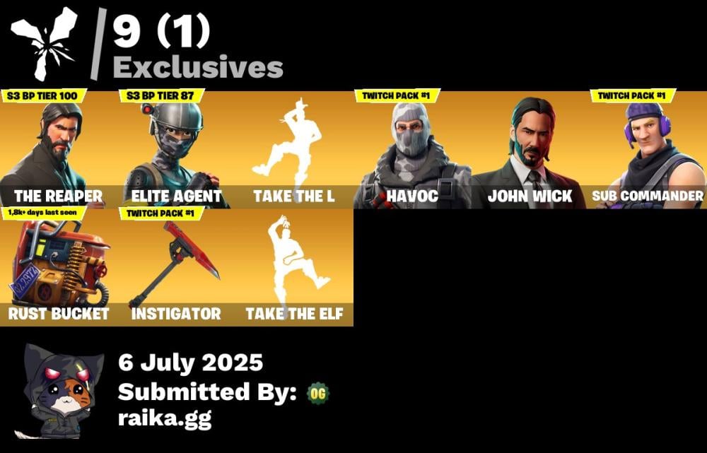 #13حساب فورت نادر سيزون 3 كامل ناررر و حزم نادرة و سكنات تويتش نارر!!! - [PC] 34 skins | الحاصد | عميلة النخبة | رقصة حرف L | الخراب | القائد الثاني | جون ويك | دريفت | القمة | مايا أخصائية العتاد | الغراب | 200 VB