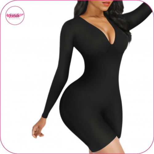 مشد كامل بدون خياطة باكمام طويلة وتصميم فتحة صدر V